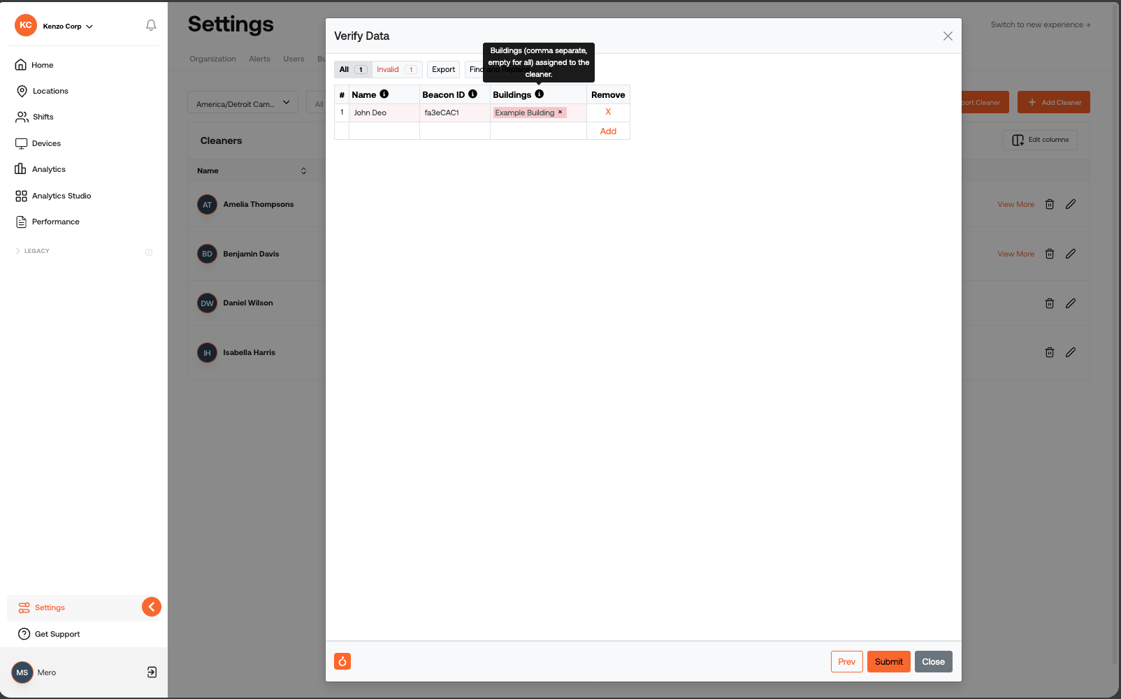 Import - Verify Data, displaying error message