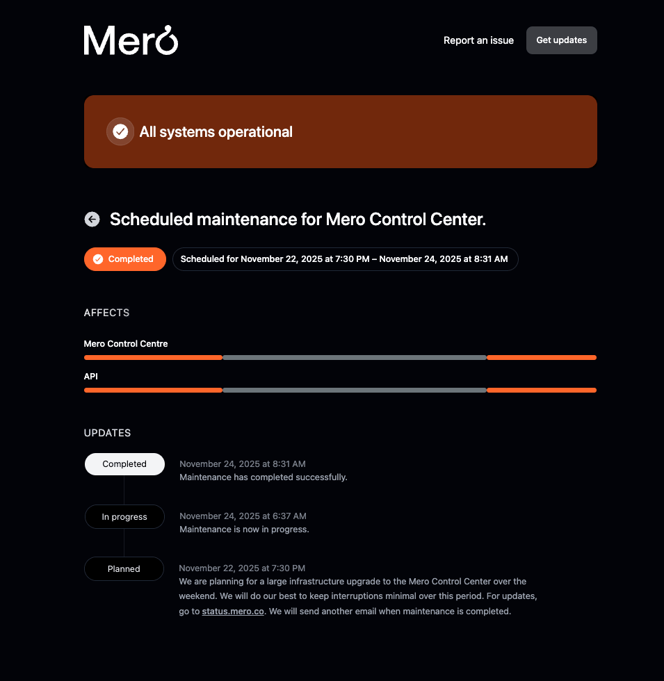 Mero status page during infrastructure migration